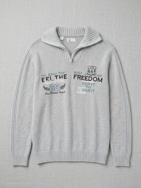 Route 66 Men's Light Gray Zip-Up Sweater with Graphic